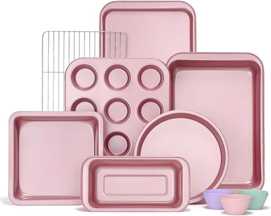 KITESSENSU Baking Pans Sets, Nonstick Bakeware Sets 19-Piece with Round/Square Cake Pan, Loaf Pan, Muffin Pan, Cookie Sheet, Roast Pan, Cooling Rack, Carbon Steel Bake Set Pink by KITESSENSU