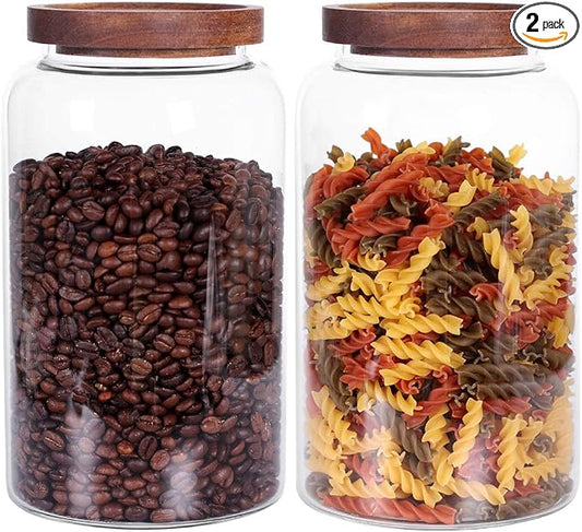 Large Glass Jar with Airtight Lid Set of 2 93 FL OZ(2750ml) glass canister set, Glass Food Containers Wooden Lid Suit for Kitchen Pantry for Flour, Tea, Coffee Beans, Sugar, Cookies(8.8 inch high) by LEAVES+AND+TREES+Y