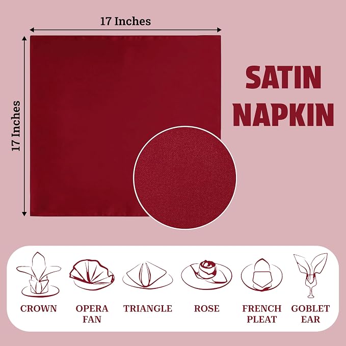 MDS® Pack of 25 Satin Napkins 12 x 12 Inch, Soft Silky Reusable Cloth Dinner Table Napkins for Wedding Décor, Reception, Birthday, Parties, Banquets, Catering, Restaurants & Hotel - Maroon - Image 4