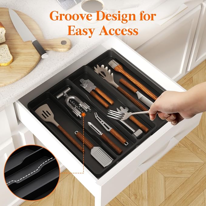 Lifewit Utensil Organizer for Kitchen Drawer, Expandable Cooking Silverware Tray, Adjustable Cutlery Flatware Holder, Plastic Spatula Tools Storage Divider, 17.3 x 15.8", Black - Image 8