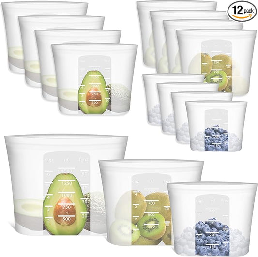 Reusable Storage Bag, 12 Pack 100% Silicone Food Storage Bags Stand Up Silicone Zip Lock Bags for Food Container, Freezer Microwave Oven Dishwasher Safe, 4 Medium 4 Small 4 Extra Small, Translucent by Annaklin