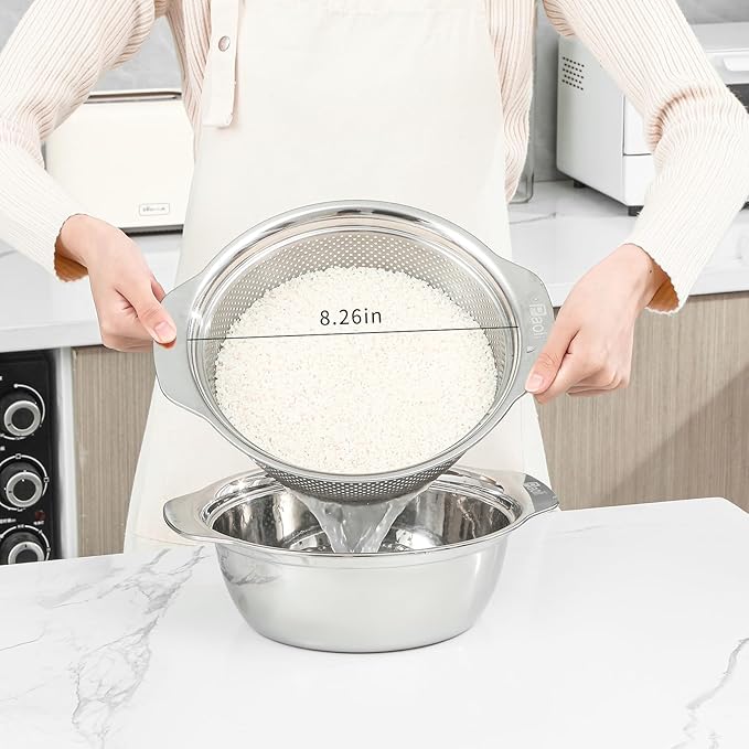 Paoli 304 Stainless Steel Fine Mesh Colander Set, 2QT Large Capacity Strainer with Mixing Bowl — Rinse Fruits, Veggies, Rice & Drain Pasta, Dishwasher Safe (2-Piece) - Image 2