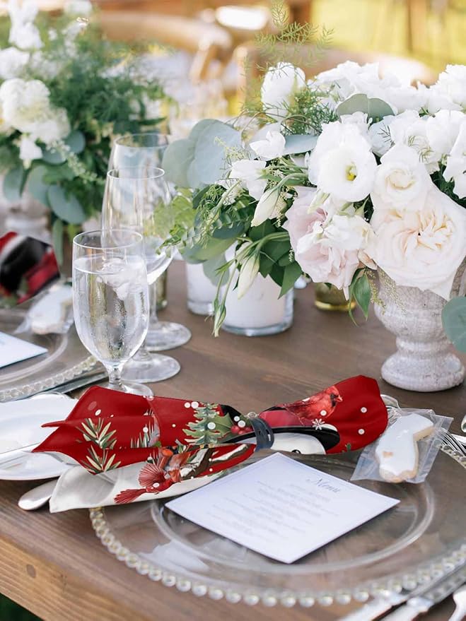Red Snowman Christmas Cloth Napkins, Washable and Reusable Dinner Napkins Set of 6, Xmas Tree Snowflake Winter Birds Table Napkin for Kitchen Party Birthday Wedding Hotel Housewarming 20''x20'' - Image 2
