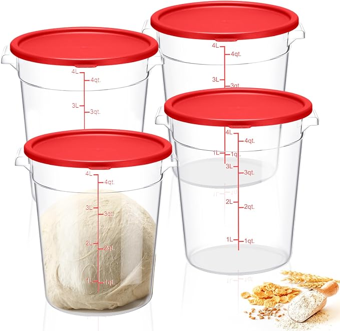 4 Pcs 4 Qt Food Storage Container Bucket with Lids Clear Proofing Containers for Dough Rise Bread with Scale Handle Round Flour Commercial Storage Bucket for Home Restaurant Food(Red) by Suclain