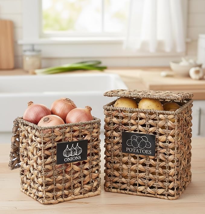2 Pack Potato and Onion Storage, Onion Container Potato Bin with Lids, Handwoven Vegetable Storage Produce Basket, Mesh Basket with Aerating Holes, Kitchen Pantry Organizer and Storage - Image 5