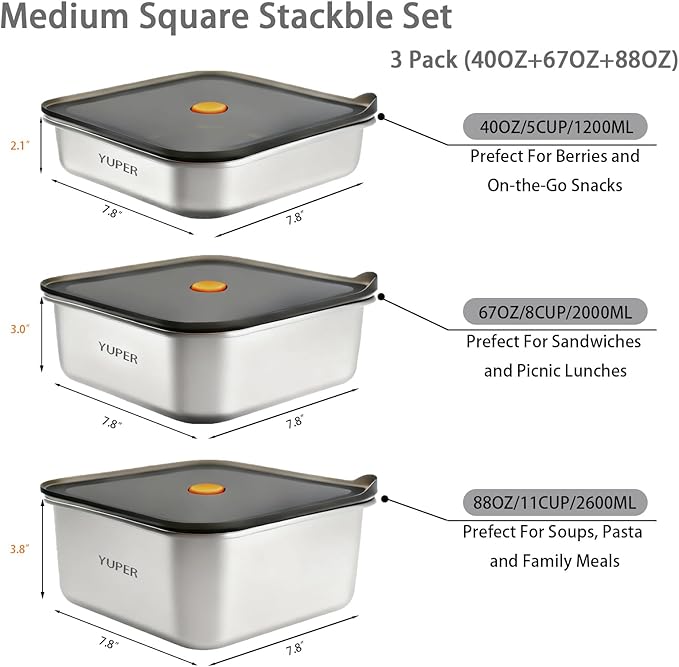 YUPER Stainless Steel Food Storage Containers, 3 Pack (40+67+88OZ) | Meal Prep Containers Set with Lids, BPA Free, Leak Proof & Airtight, Microwave, Dishwasher, Fridge, Freezer & Oven Safe - Image 2