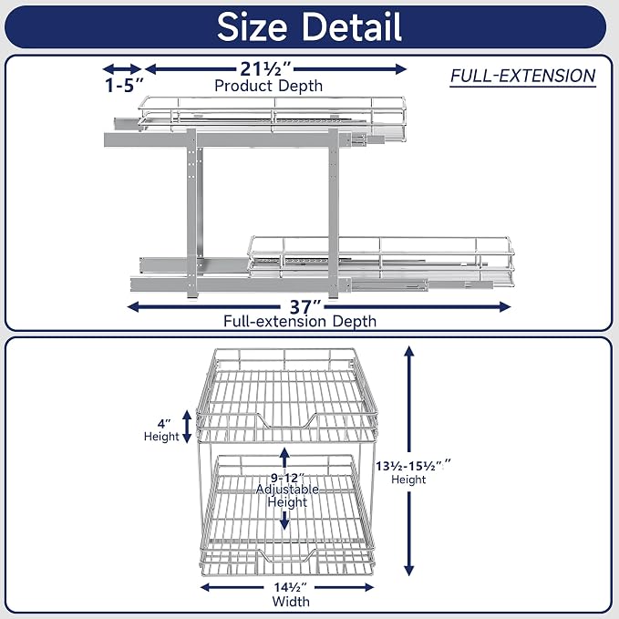 2-Tier Pull Out Cabinet Organizer, 14.5" W x 21.5" D, Heavy Duty Dual Slide Out Shelves for Base Cabinets, Chrome Wire Basket Drawer for Pantry, Kitchen & Bathroom Storage - Image 2