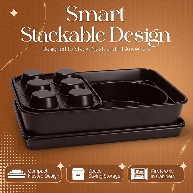 Nonstick Bakeware Set 8 Piece - Stackable Baking Pan Set, Oven safe 450°F, Carbon Steel Baking Set with Muffin, Loaf, Cookie Sheets & Roaster, Easy Storage, BPA-Free (Dark Brown) - Image 2