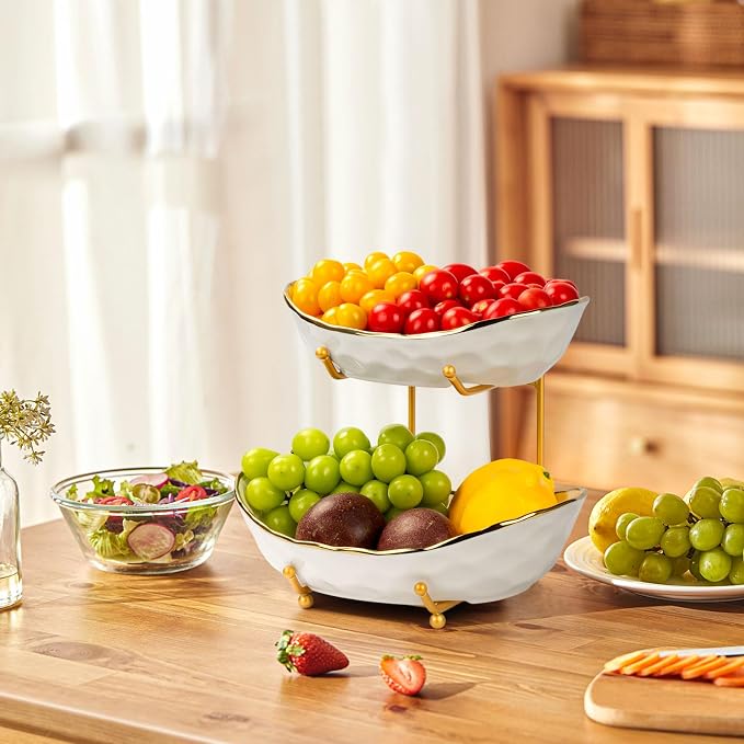Fruit Bowl for Kitchen Counter - Two Tier Ceramic Fruit Basket, Fruit Holder for Fresh Fruit&Veggies, Modern Tiered Fruit Platter Serving Trays for Party - Image 8