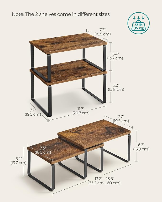 SONGMICS Cabinet Organizer Shelf, Set of 2 Kitchen Counter Shelves, Kitchen Storage, Spice Rack, Stackable, Expandable, Metal and Engineered Wood, Ink Black and Rustic Brown UKCS020X01 - Image 6