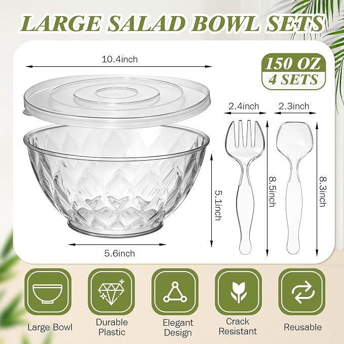 4 Pack Large Plastic Serving Salad Bowl Sets,Diamond | 4.5L,with Lids Forks Spoons,Disposable,Mixing Punch Bowls for party Eating Lunch Chip Candy Dish Meal - Image 2