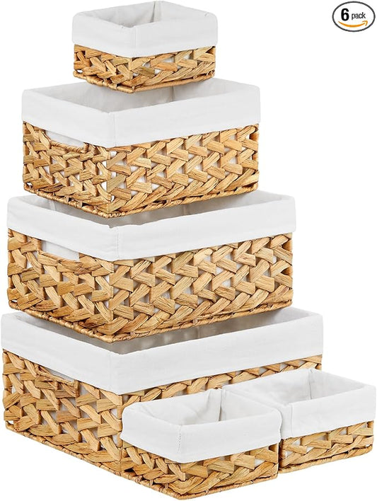 Wicker Storage Basket, 6 Pack Baskets for Organizing, Water Hyacinth Storage Basket, Rectangular Wicker Baskets for Storage Shelves, Cube Storage Bins For Closet/Clothes/Dresser by Vagusicc