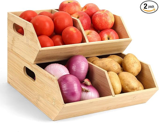 2 Set Pantry Organizers and Storage Bins, Bamboo Stackable Baskets for Potatoes, Onion, Bread, Vegetables - Bamboo Pantry Organizer Containers for Drawer, Cabinet, Countertop by Unknown
