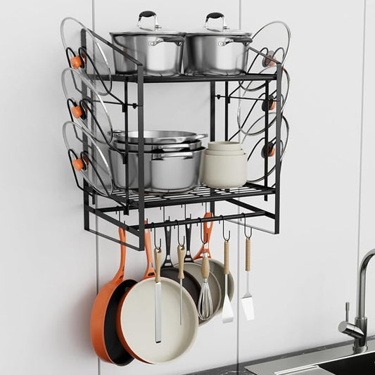 VyGrow 17 Inch Pot Rack Wall Mounted, 2 Tier Pots and Pans Organizer with 10 Hooks and 6 Pot Lid Holders, Heavy Duty Steel Pot and Pan Hanger for Kitchen Cookware Utensils Storage 24" Lx13 Wx20.5 H by VyGrow