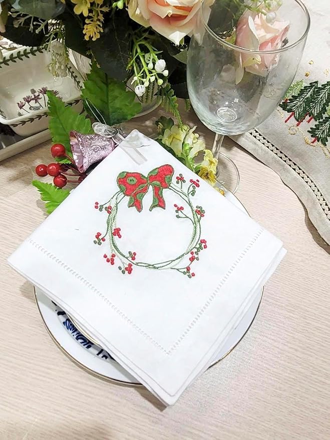 Embroidered Cloth Napkin Red Bow & Berry Wreath Christmas Cotton Napkins Set of 6, 20 x 20 Hemstitch Table Napkins, Machine Washable, Daily & Holidays, Great Gift Ideas - Image 8