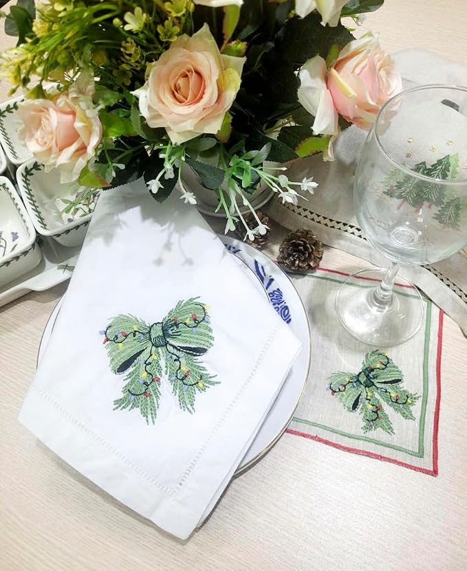 Embroidered Cloth Napkin Green Bow Christmas Cotton Napkins Set of 6, 20 x 20 Hemstitch Table Napkins, Machine Washable, for Daily & Holiday Dining, Great Gift Ideas - Image 5