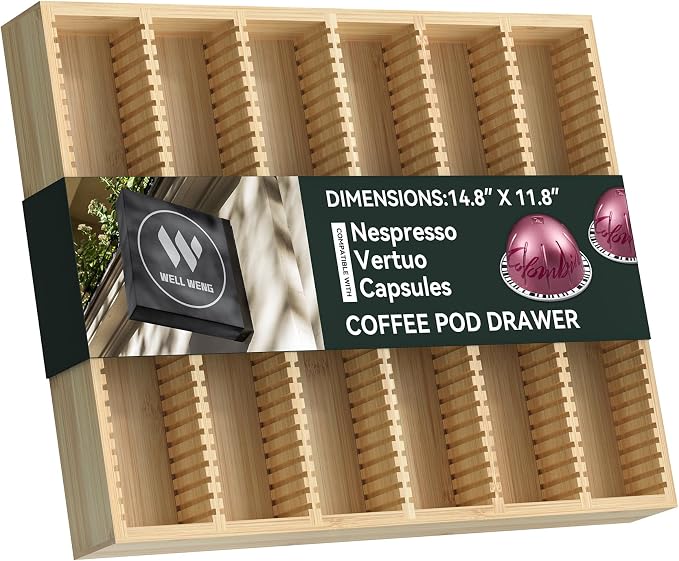 for Nespresso Vertuo Capsules Bamboo Coffee Pod Drawer Organizer | 14.84" Wx11.81" Dx1.54" H 48 Big or 60 Small Pods Holder for Counter by WELLWENG