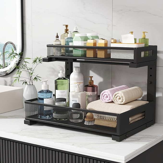1 Pack 17IN Depth Under Sink Storage Organizer, Large 2-Tier Elegant Mesh Pull Out Shelf for Kitchen and Bathroom Cabinet Organization, L-Shaped and Adjustable Height Design-Black - Image 7