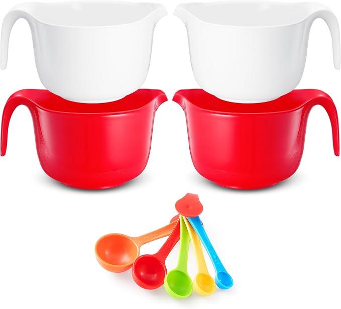 9 Pc Large Mixing Bowls with Handles, 3.6 qt - Plastic Nesting Bowls for Kitchen, Lightweight Batter Bowls, Easy to Clean (Includes: 4 Mixing Bowls + 5 Measuring Spoons Set) by OsnellUSA-ClickBuyEnjoy