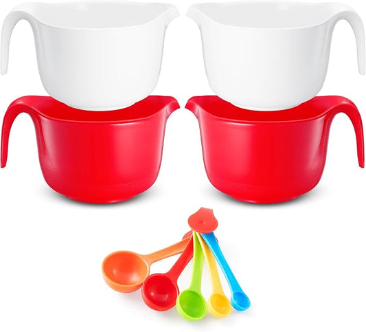 9 Pc Large Mixing Bowls with Handles, 3.6 qt - Plastic Nesting Bowls for Kitchen, Lightweight Batter Bowls, Easy to Clean (Includes: 4 Mixing Bowls + 5 Measuring Spoons Set) by OsnellUSA-ClickBuyEnjoy