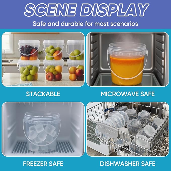 4Pack 34oz Clear Bucket with Lids - Plastic Food Storage Containers, Airtight Screw-On Lids - Freezer Safe Ice Cream Bucekts, Food Grade Reusable Containers for Kitchen - Image 5