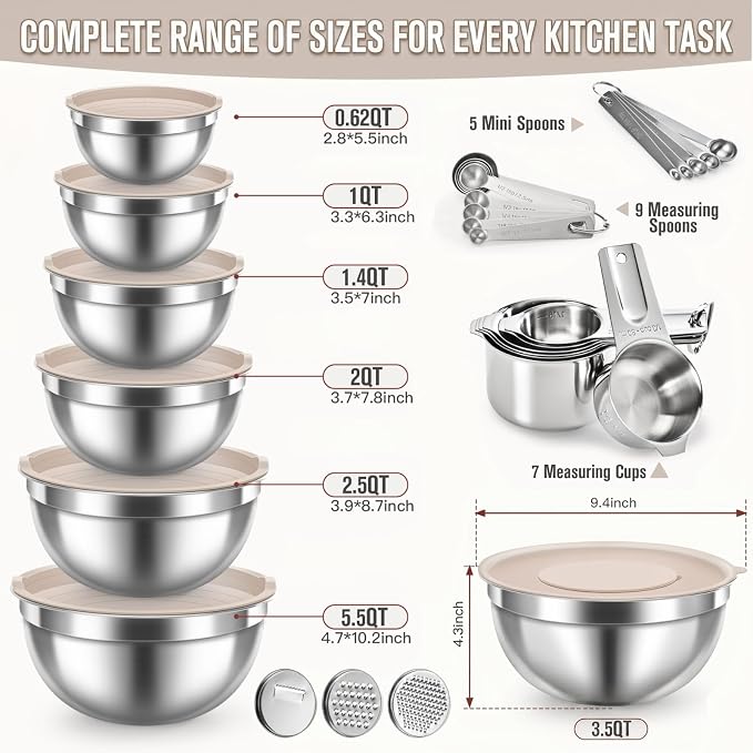 31PCS Mixing Bowls with Lids Set, 5.5QT to 0.6QT Stainless Steel Nesting Bowls with Graters, Large Khaki Bowls & 21 Measuring Cups and Spoons Set Kitchen Appliances for Mixing, Baking, Food Storage - Image 2