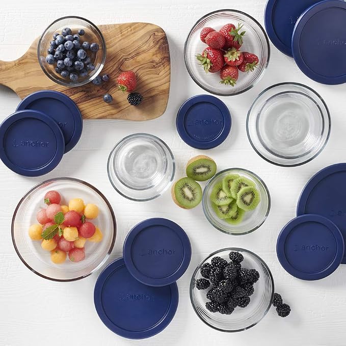 Anchor Hocking 18 Piece Glass Storage Containers with Lids (9 Glass Food Storage Containers & 9 Navy Blue SnugFit Lids) - Image 4