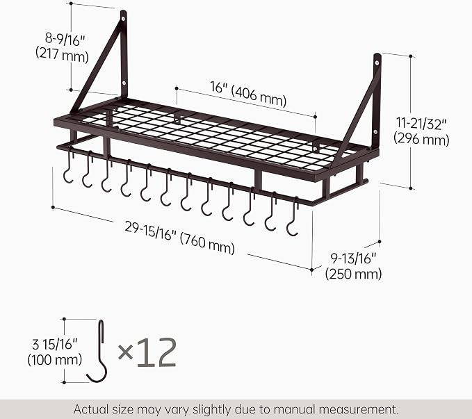 KES 30-Inch Wall Pot Rack, Oil Bronze, 88lb Capacity, 12 Hooks, Farmhouse | Carbon Steel Construction, Reinforced Grid Shelf, Stud Mounting, 12 S-Hooks, Rust-Resistant, Indoor Kitchen Organizer - Image 6