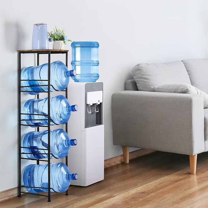 ETELI 5 Gallon Water Bottle Holder Organizer 4 Tier Water Cooler Jug Rack with Storage Shelves Water Bottle Dispenser Stand for Kitchen Living Room Office, Black and Brown - Image 4