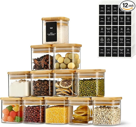 D2scrma 4oz Airtight Square Spice Containers with Bamboo Lid Set of 12 (120ml) with Black Lables Storage Stackable Spice Jar, Kitchen Canister for Sugar, Tea, Flour, Salt and Seasonings by Delicatedtoservicecustomer
