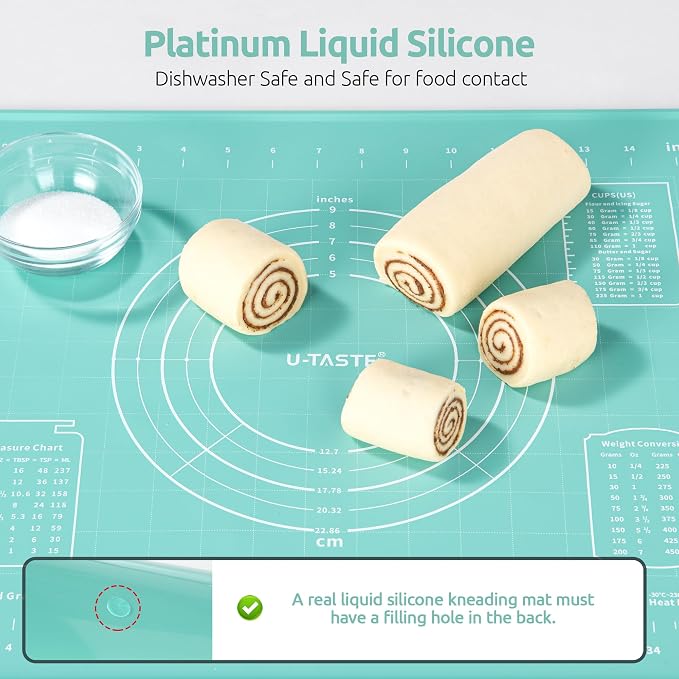 U-Taste 16"x20" Food-Grade Liquid Silicone Pastry Mat with Clear Measurement, and 18/8 Stainless Steel Square Measuring Spoons Set of 8 (Aqua Sky+Silver) - Image 4