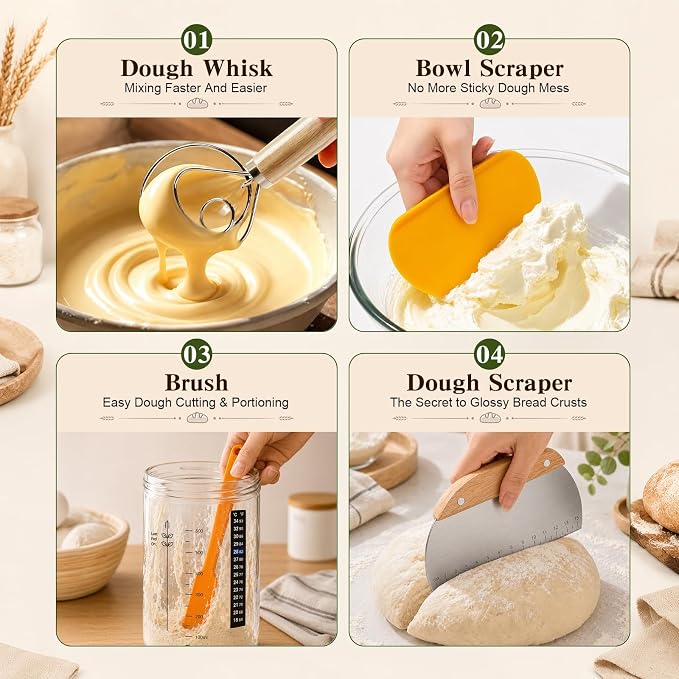 Sourdough Bread Proofing Basket Set, 47PCS Banneton Bread Proofing Set with Round & Oval Rattan Baskets, Bread Lame, Dough Scraper & Baking Tools for Beginner & Artisan Home Bakers (47) - Image 6