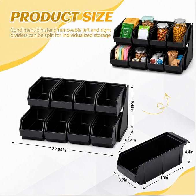 Novabright 8 Compartment Serve Condiment Bin Self Serve Condiment Packet Organizer Stand Countertop Plastic Containers Storage Display Rack for Coffee Shops Restaurants Bars(8 Bin 2 Tier) - Image 2