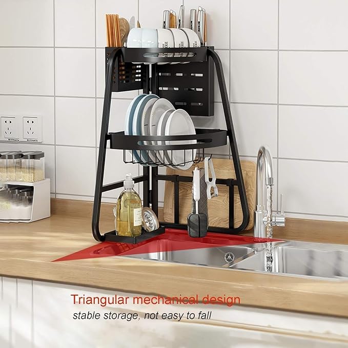 Dish Drying Rack Organization Sturdy Triangle 2 Tier Dish Drainer Multi-Functional Dish Dryer Holder with Utensil Holder Flatware Caddy - Image 6