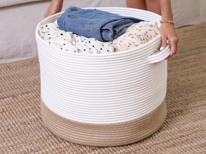 20x15 Inch Extra Large Round Cotton Rope Storage Basket with Lid, Decorative Woven Bin with Cover for Living Room Bedroom Closet, White & Jute - Image 7