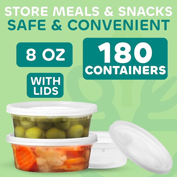 Deli Food Containers with Lids - 8 oz 180 Sets- Ideal for Food, Snacks, Takeout, Meal Prep - 1 Cup Small Durable Clear Containers for Food - Stackable and Durable, Dishwasher & Microwave Safe - Image 2