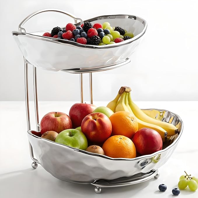 XUDREZ 2 Tier/ 3 Tier Fruit Bowl with Metal Stand for Kitchen Counter, Ceramic Gold Silver White, Portable Tiered Fruit Basket Fruit Rack for Nuts, Snacks, Bread, Candy Storage (Silver B, 2 Tier) - Image 3