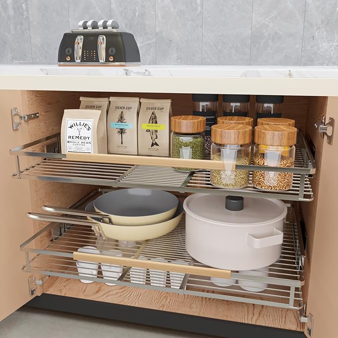 2Pack Expandable Pull Out Cabinet Organizer, 23.2"-39.9" W x 22.5''D | Stainless Steel Slide Out Drawers, Heavy Duty Drawer Slides, For Kitchen Cabinets Pantry Cupboard, Adjustable Width - Image 3