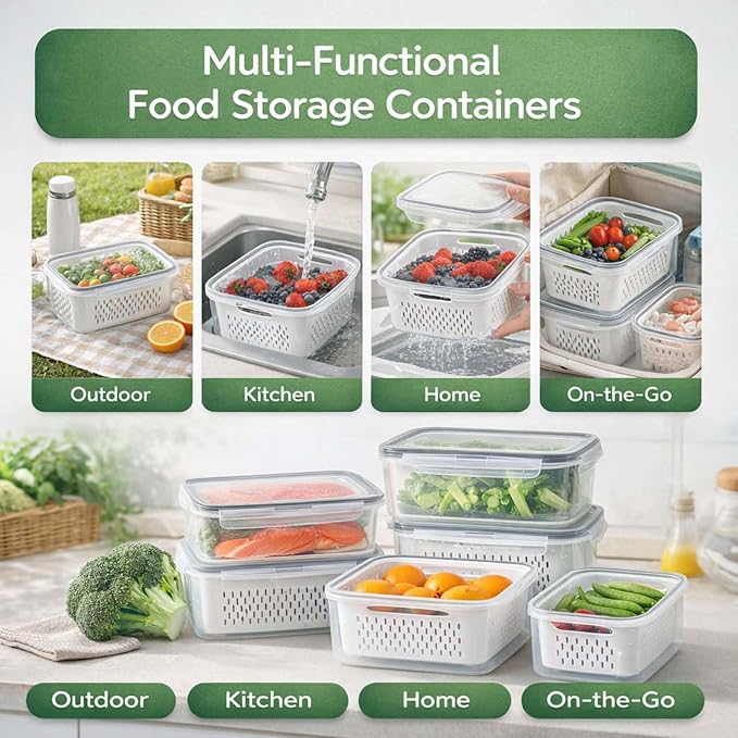 4-in-1 Produce Saver Containers - Fresh Berry Keeper with Removable Colander & Airtight Lid - Stackable Fruit and Vegetable Fridge Organizer Bins - BPA-Free Plastic Food Storage (4pcs) - Image 4