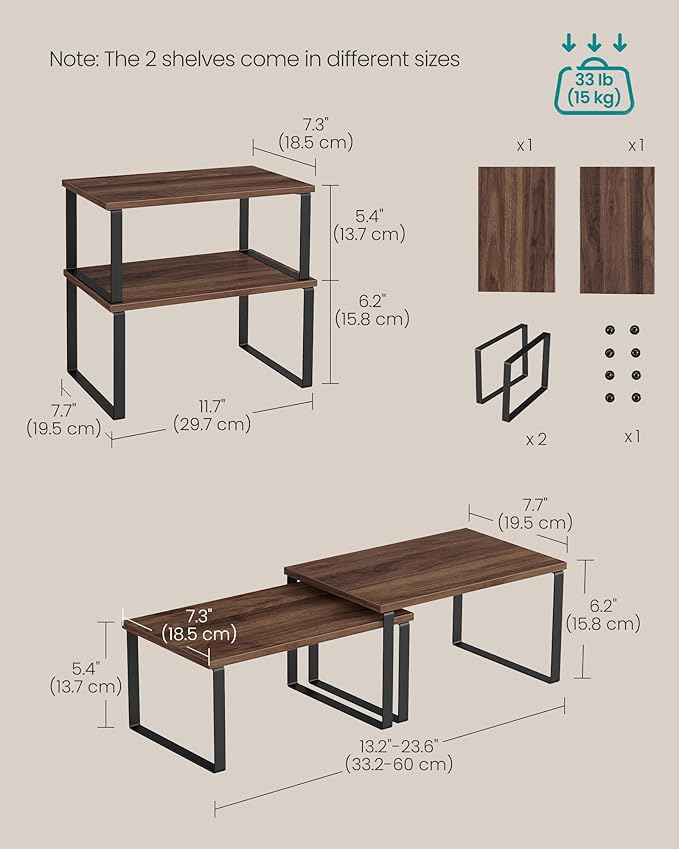 SONGMICS Cabinet Organizer Shelf, Set of 2 Kitchen Counter Shelves, Kitchen Storage, Spice Rack, Stackable, Expandable, Metal and Engineered Wood, 11.7 Inches, Walnut & Matte Black UKCS020K01 - Image 6
