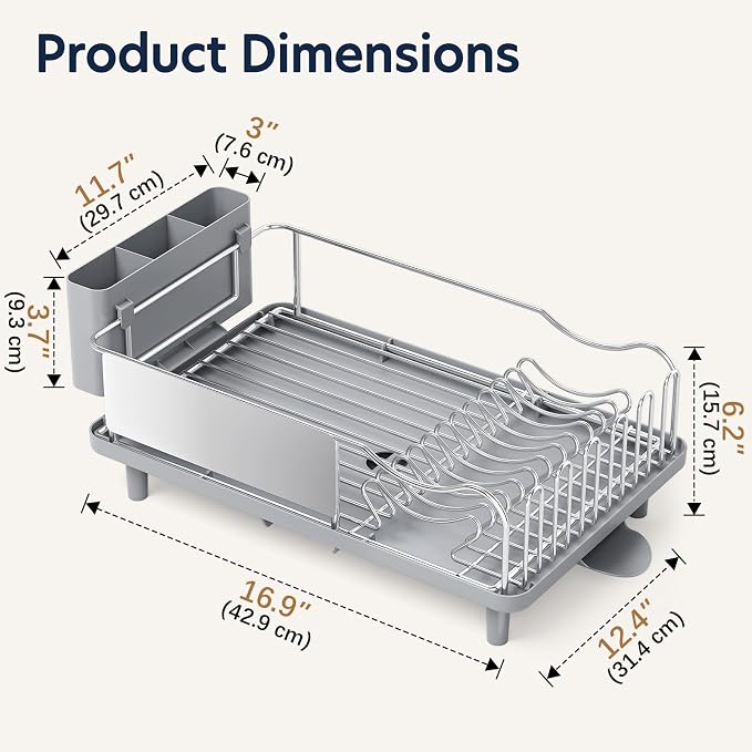 KINGRACK Stainless Steel Dish Drying Rack with Cup Holder for Counter, Grey | 16.9"L x 12.4" W Dish Rack with Spacious Drying Capacity, Quick Auto Dish Drainer for Plate Dish Dinnerware，Sliver - Image 2