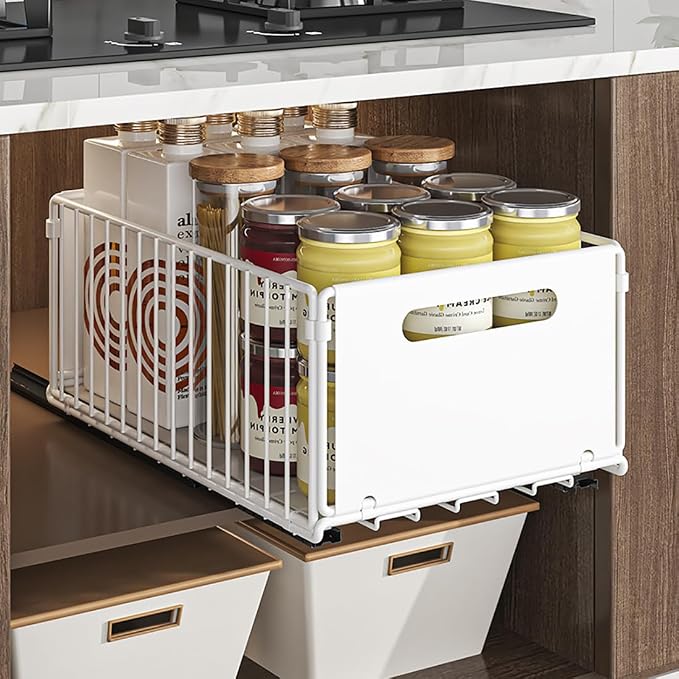 YunNasi Pull Out Cabinet Organizer, White, 4Piece 9.8" W X15 D X7.5 H | Slide Out Drawer Storage Shelves, Cupboard Organiser, Sliding Cabinet Basket for Kitchen, No Drilling and Nailing - Image 4
