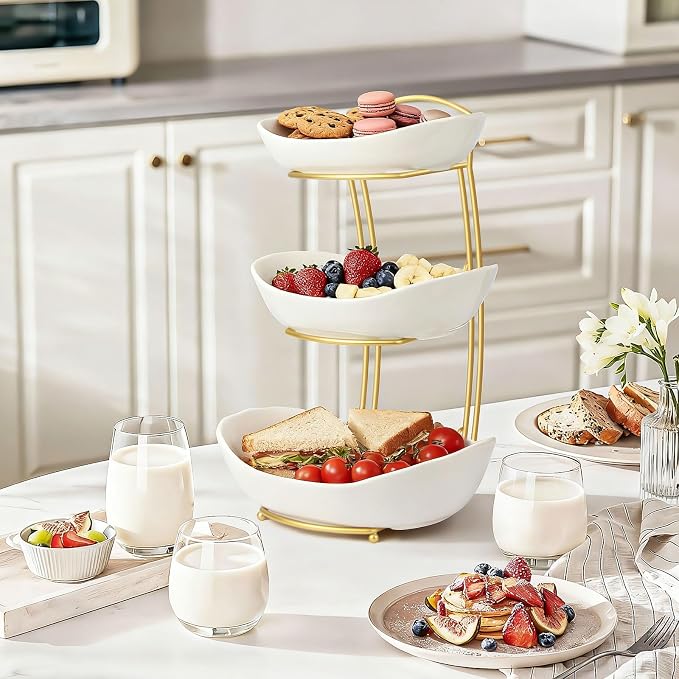 Ceramic Fruit Bowl for Kitchen Counter, Fruit Basket with Metal Stand, Tiered Fruit Rack for Countertop, Modern Serving Bowl for Party Dessert, Vegetable, Snack (White) - Image 3