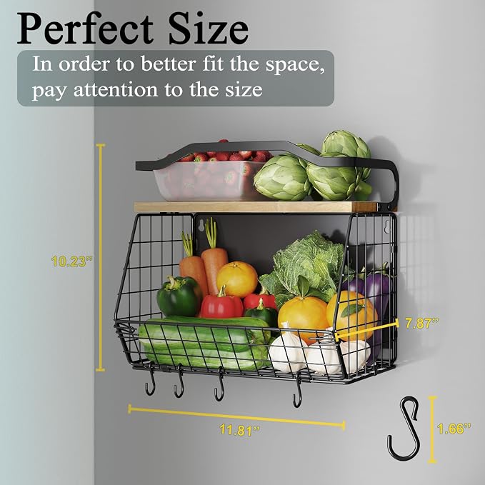 Magnetic Shelf for Fridge with Wood Lid, Heavy Duty Fruit Basket, Fruit Potato and Onion Storage Bins, Magnetic Spice Rack for Refrigerator, Black Hanging Wire Basket for Kitchen Counter - Image 4