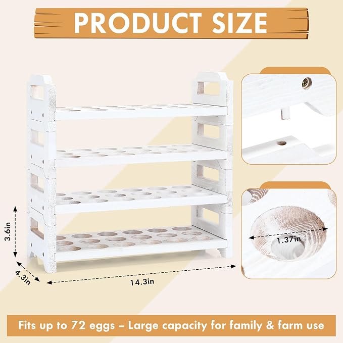 Reallnaive 4 Tier Wooden Egg Holder for Countertop, Stackable Fresh Egg Storage Farmhouse Collecting Rack for Gathering Kitchen Organizer Duck Eggs Display, Stackable with 72 Eggs (White,Pine) - Image 2