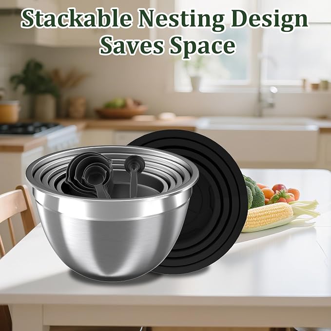 Nicdiet Mixing Bowls with Lids Set, 16PCS Stainless Steel Mixing Bowls,Nesting Storage Bowls for Kitchen with Mixing Bowl, Colander, Strainer & Grater, Metal Salad Bowl for Kitchen Gadgets, Black - Image 7
