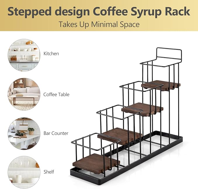Coffee Syrup Rack Organizer, with Rustic Wood Holder Coffee Station Bar Accessory for Syrup, Wine, Dressing Bottle Countertop Display Storage Stand for Kitchen with Basket and Hooks Holds 4 Bottles - Image 5