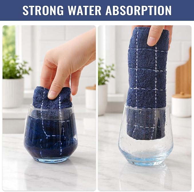 Kitinjoy 100% Cotton Terry Kitchen Towels, 13”x 28”, 6-Pack, Navy Blue | Checkered Designed, Ultra Soft Absorbent Quick Drying Dish Towels - Image 5