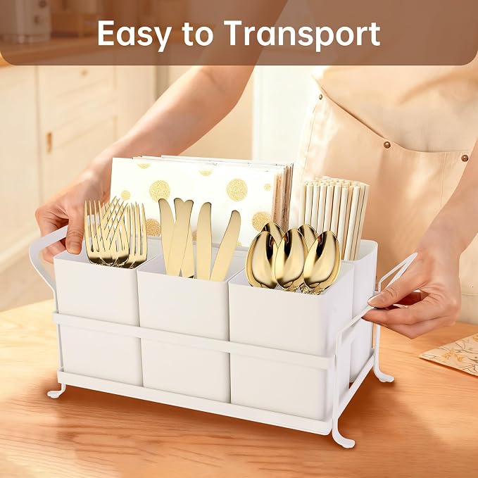Silverware Caddy Metal Utensil Holder for Party Countertop Silverware Utensil Caddy Cutlery Flatware Organizer for Spoons Forks Plates Napkins White - Image 2