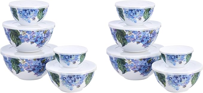 Amazon Basics Mixing Bowls with Lids, Nesting Melamine Serving Bowls, Non-Slip Base, BPA Free, Dishwasher Safe, 5 Sizes, Hydrangea Floral, Set of 10 (Pack of 2) by AmazonBasics